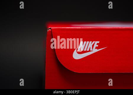 Antalya, Turkey - April 15, 2025: Red Nike sneakers box on black background Stock Photo