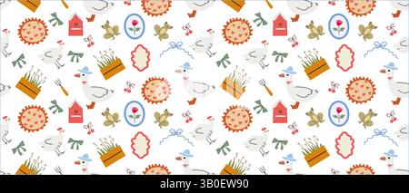 Charming cottage decor pattern with ducks and garden elements for home design. Stock Vector