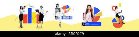 Collage artwork featuring women with graphic elements representing modern professional trends and achievements Stock Photo