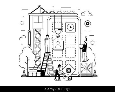 App Development Illustration in Line Art Stock Vector