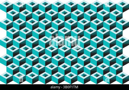 Geometric optical illusion pattern composed of teal, black, and white 3D cubes arranged in a repetitive and symmetrical design. Stock Vector