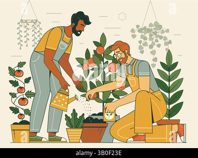 Male Friends Planting and Watering Plants Stock Vector