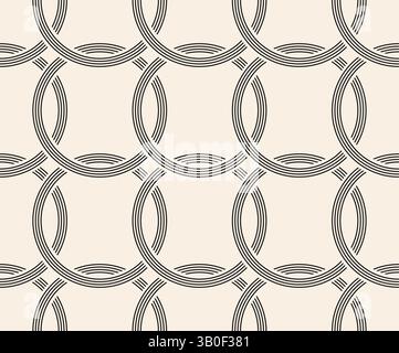 Black line interwined circles seamless pattern on beige background. Repeating beige pattern. Stock Vector