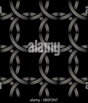 Beige line interwined circles seamless pattern on black background. Repeating black pattern. Stock Vector
