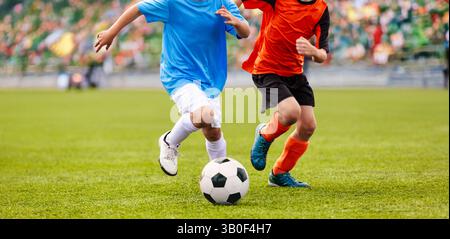 Two young soccer players compete for control of the ball during a match on a green field, with a crowd of spectators in the background Stock Photo