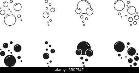 Rising Air Bubbles And Soap Foam Line And Solid Icon Set. Water Droplets And Floating Bubble Cluster Symbol Collection. Isolated Vector Illustration Stock Vector