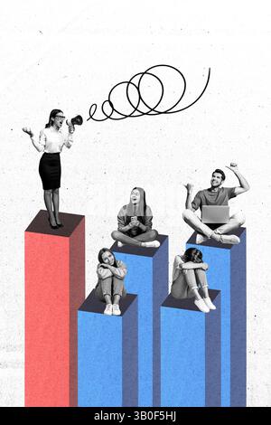 Creative collage with diverse people on three-dimensional bar graphs expressing concepts of leadership and teamwork Stock Photo