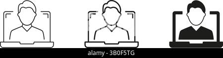 Man Line and Silhouette Icon Set on Laptop Screen. Online Communication or Video Call Icon. Online Conference or Remote Communication. Editable Stroke Stock Vector