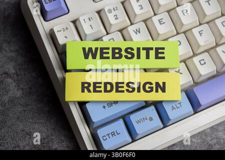 Concept of Website redesign write on sticky notes isolated on Wooden Table. Stock Photo