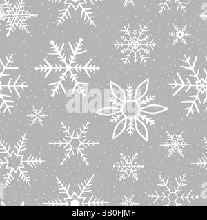 Falling snowflakes on grey background. Seamless pattern snowflake. Design texture winter season for prints. Handdrawn snowflakes. Repeat snow flakes Stock Vector