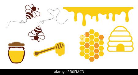 Golden Honey Bees, Honeycomb, and Hive Vector Graphics Stock Vector