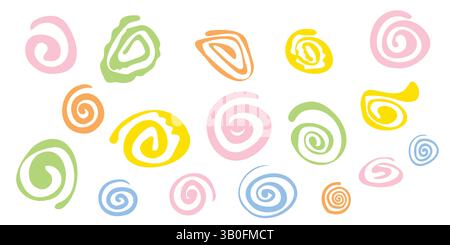 Colorful Hand Drawn Spirals Vector Pattern Set. Fun Swirls and Whirls in Pink, Green, Orange, Yellow, and Blue. Vector Illustration Stock Vector