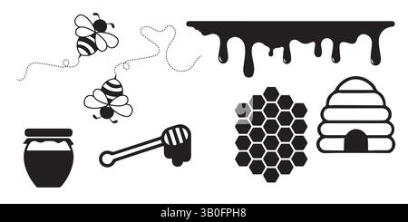Honey Bee and Honeycomb Vector Illustration Set Stock Vector
