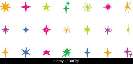 Bright Colorful Sparkle and Star Vector Element Set. Fun Retro Glitter and Shine Illustrations. Vector Illustration Stock Vector