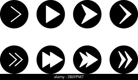 Set of cute and simple arrow icons in black and white, triangle, playback, fast forward (round button type), Vector Illustration Stock Vector