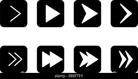 Set of cute and simple arrow icons in black and white, triangle, playback, fast forward (square button type), Vector Illustration Stock Vector
