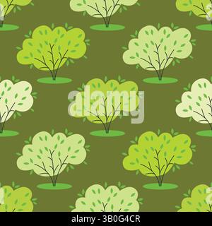Nature background with bushes and trees. Young summer forest seamless pattern. Botanical eco print for textiles, paper, packaging. Vector graphics Stock Vector
