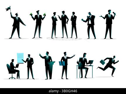 Business Silhouette Vector Set – Corporate, Finance, Office, Teamwork, and Leadership Concepts Stock Vector
