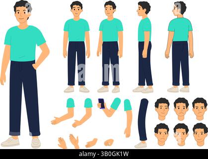 Young Male Character Creator Kit | Vector Flat Style | Multiple Poses and Expressions for Animation, UI, and Explainers Stock Vector