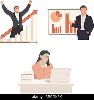 Flat Business People Vector Set – Office Work, Presentation, Teamwork and Growth Concept Stock Vector