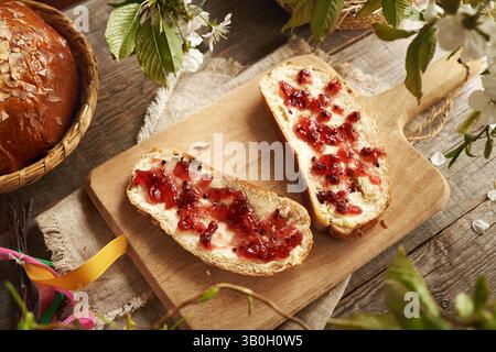 Mazanec, Czech sweet Easter pastry, with butter and red currant marmalade Stock Photo