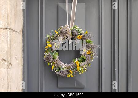 Easter wreath decoration on the door of a house in Larnaca, Cyprus to celebrate the Orthodox Easter. Stock Photo