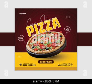 Super delicious pizza with pepperoni, tomatoes, and olives on a dark wooden plate post design Stock Vector