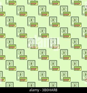 Bitcoin on Tablet Screen and Debit Card vector Cryptocurrency Money concept colored seamless pattern Stock Vector