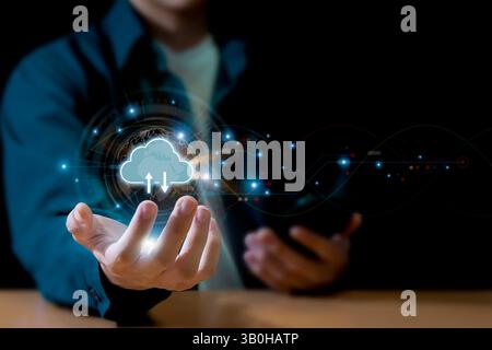 cloud computing shown in hand cloud technology data storage, data transfer, network and internet service concept Stock Photo