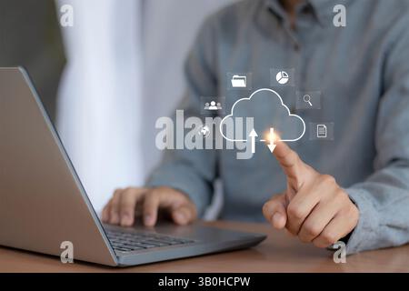cloud computing shown in hand cloud technology data storage, data transfer, network and internet service concept Stock Photo