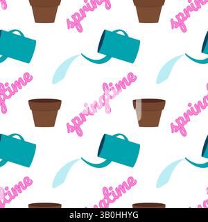 Cute seamless pattern featuring watering cans, water, flower pots, and - springtime - text on a white background. Perfect for spring and gardening des Stock Vector