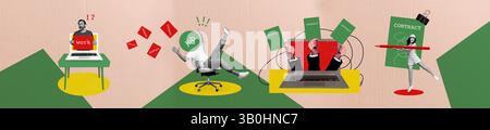 Creative collage featuring modern illustrations of work scenarios with vibrant colors and dynamic compositions Stock Photo
