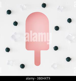 Summer composition with blueberries, ice cubes and white ice cream cutout on pastel pink background. Trendy summer aesthetic concept. Stock Photo