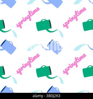 Seamless pattern featuring blue and green watering cans, water splashes, and pink - Springtime - text on white background. Perfect for spring and gard Stock Vector