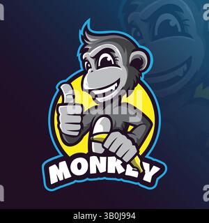 monkey mascot logo design vector with modern illustration concept style for badge, emblem and tshirt printing. smart monkey illustration with a banana Stock Vector