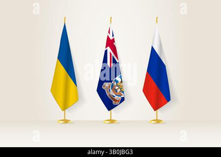 Diplomatic Meeting Representation, Ukraine, Falkland Islands and Russia Flags. Flags on Diplomatic Stands. Vector illustration. Stock Vector
