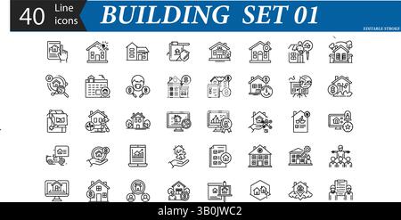 40 Building Line Icons Set – House, Construction, Architecture, Real Estate, Blueprint Vector Icons Stock Vector