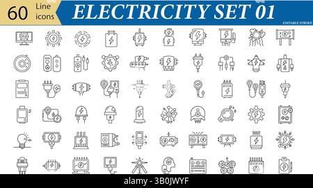 60 Electricity Line Icons Set – Power, Energy, Plug, Voltage, Electrical Tools Vector Pack Stock Vector