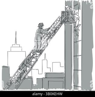 brave fireman climbing ladder firefighter wearing uniform and helmet ...