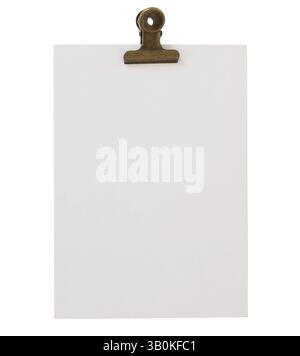 Empty note paper mockup. Message reminder card invitation template isolated on transparent background. White paper texture. Vintage brass gold metal Stock Photo