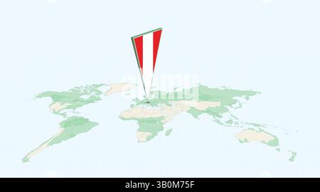 Highlighted Austria on Global Map with 3D Flag Location Pin of Austria. The image symbolizes travel, geography, international identity, and global nav Stock Vector