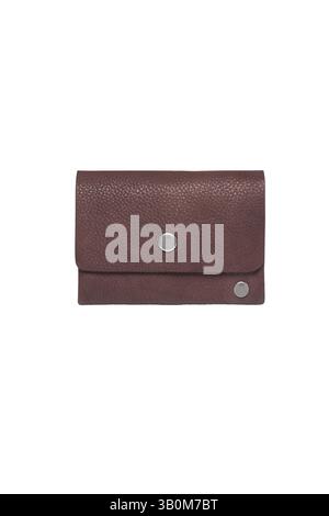 an elegant brown leather wallet features silver button closures the wallet is showcased against a pristine white background in a minimalist fashion Stock Photo