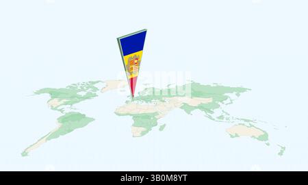 Highlighted Andorra on Global Map with 3D Flag Location Pin of Andorra. The image symbolizes travel, geography, international identity, and global nav Stock Vector