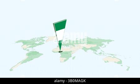 Highlighted Nigeria on Global Map with 3D Flag Location Pin of Nigeria. The image symbolizes travel, geography, international identity, and global nav Stock Vector