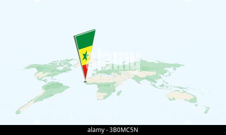 Highlighted Senegal on Global Map with 3D Flag Location Pin of Senegal. The image symbolizes travel, geography, international identity, and global nav Stock Vector