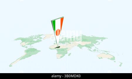 Highlighted Niger on Global Map with 3D Flag Location Pin of Niger. The image symbolizes travel, geography, international identity, and global navigat Stock Vector