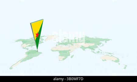 Highlighted French Guiana on Global Map with 3D Flag Location Pin of French Guiana. The image symbolizes travel, geography, international identity, an Stock Vector