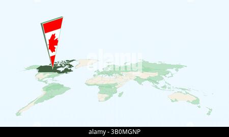 Highlighted Canada on Global Map with 3D Flag Location Pin of Canada. The image symbolizes travel, geography, international identity, and global navig Stock Vector