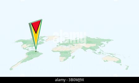 Highlighted Guyana on Global Map with 3D Flag Location Pin of Guyana. The image symbolizes travel, geography, international identity, and global navig Stock Vector