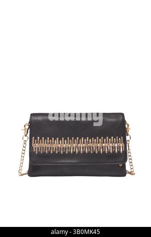 a stylish black leather clutch with a gold chain strap and embellished design the elegant accessory provides a sophisticated touch, ideal for fashion Stock Photo